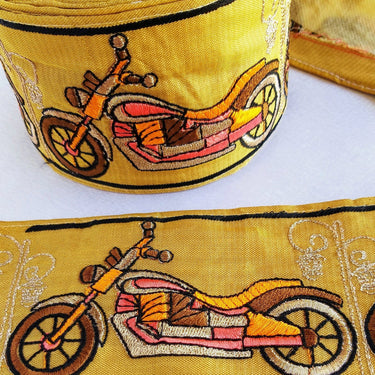 Beige Fabric trim with Embroidered Motor Bikes - Brown, Orange, Light Gold & Pink